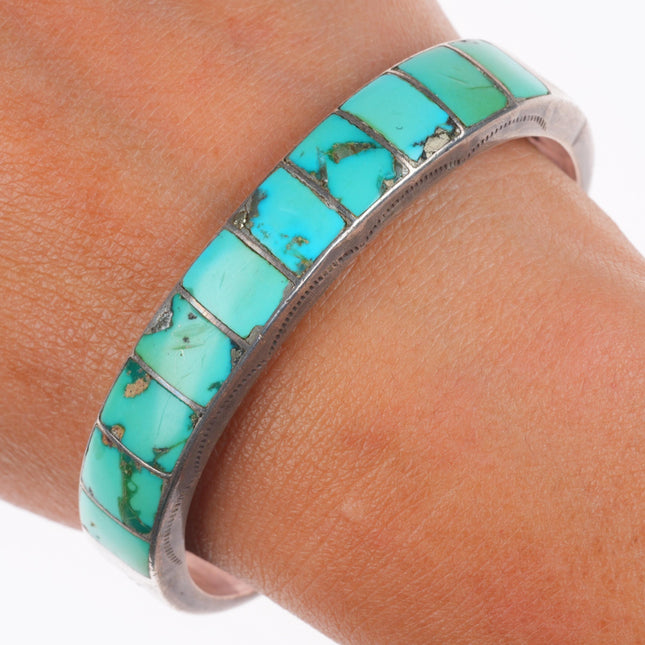 6.5" c1940 Vintage Zuni sterling silver turquoise channel inlay cuff bracelet