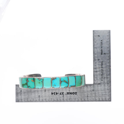 6.5" c1940 Vintage Zuni sterling silver turquoise channel inlay cuff bracelet