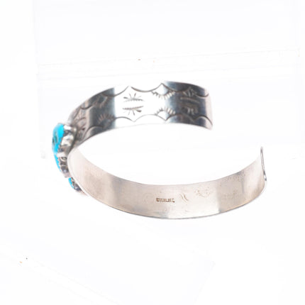7.1" Vintage Navajo sterling silver turquoise row cuff bracelet stamped sides
