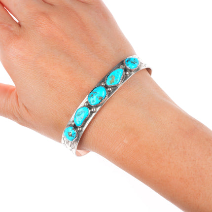 7.1" Vintage Navajo sterling silver turquoise row cuff bracelet stamped sides