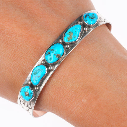 7.1" Vintage Navajo sterling silver turquoise row cuff bracelet stamped sides
