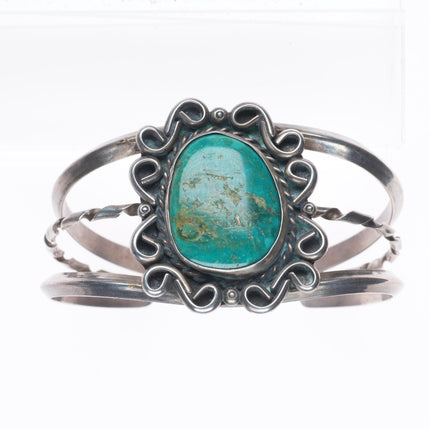 6.6" Vintage Navajo sterling silver green turquoise cuff bracelet twisted center