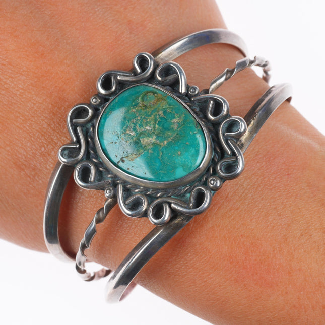 6.6" Vintage Navajo sterling silver green turquoise cuff bracelet twisted center