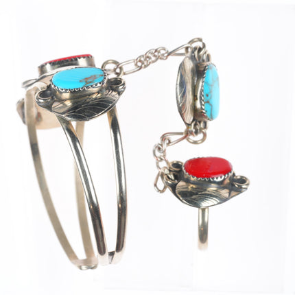 6.5" cuff sz7.5 Ring southwestern alpaca/faux turquoise/coral slave bracelet