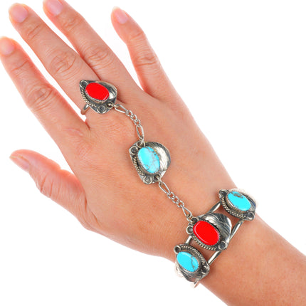 6.5" cuff sz7.5 Ring southwestern alpaca/faux turquoise/coral slave bracelet