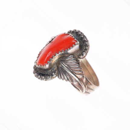 sz10.5 JS Native American sterling silver branch coral ring feather accents