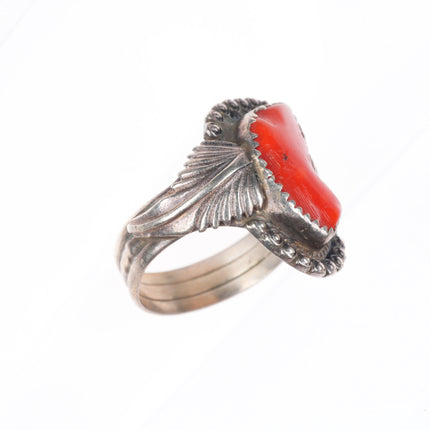 sz10.5 JS Native American sterling silver branch coral ring feather accents