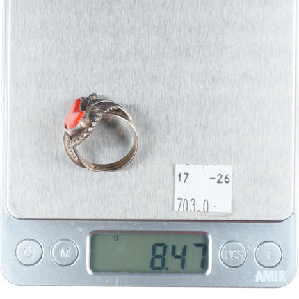 sz10.5 JS Native American sterling silver branch coral ring feather accents