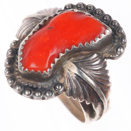 sz10.5 JS Native American sterling silver branch coral ring feather accents