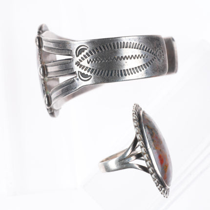 sz8 ring 6.8" c1940 Navajo sterling silver petrified wood cuff bracelet set