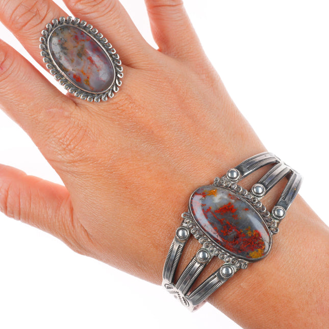 sz8 ring 6.8" c1940 Navajo sterling silver petrified wood cuff bracelet set