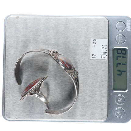 sz8 ring 6.8" c1940 Navajo sterling silver petrified wood cuff bracelet set