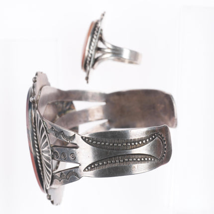 sz7 ring 7" c1940 Navajo sterling silver Montana moss agate cuff bracelet set