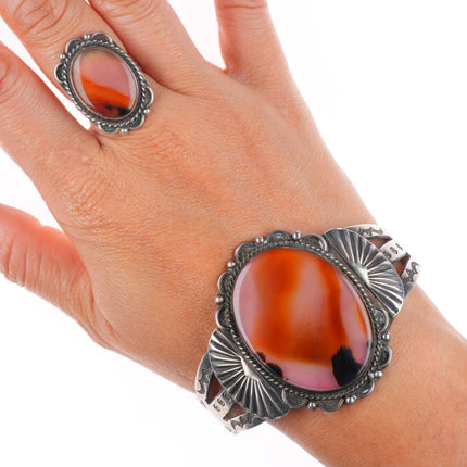 sz7 ring 7" c1940 Navajo sterling silver Montana moss agate cuff bracelet set