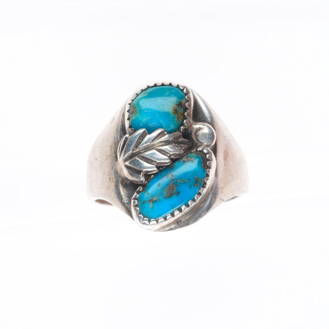 sz11.5 Vintage Navajo sterling silver feather center 2 stone turquoise mens ring