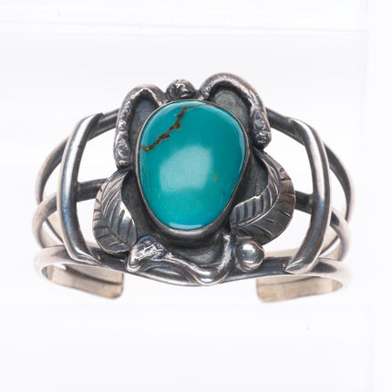 6.2" Vintage Navajo sterling silver feather embellished cuff bracelet turquoise