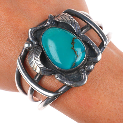 6.2" Vintage Navajo sterling silver feather embellished cuff bracelet turquoise