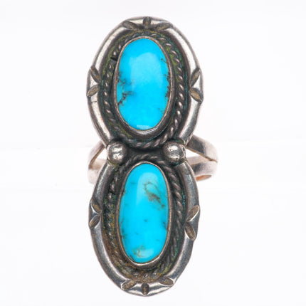 sz7 CM Vintage Navajo sterling silver 2 stone turquoise long ring