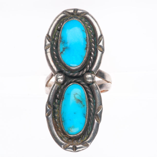 sz7 CM Vintage Navajo sterling silver 2 stone turquoise long ring