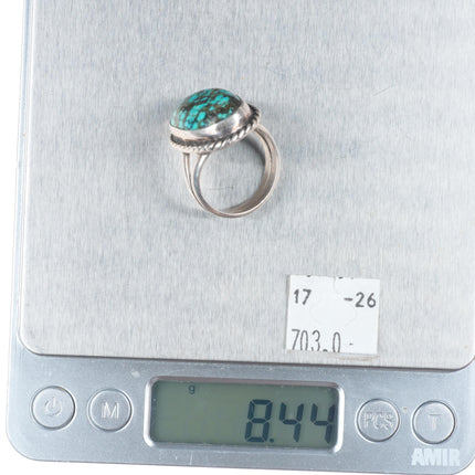 sz9 c1960's vintage Navajo sterling silver spiderweb turquoise rope edge ring