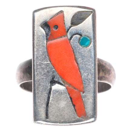 sz7 Coonsis Zuni sterling silver coral inlaid redbird cardinal ring