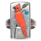 sz7 Coonsis Zuni sterling silver coral inlaid redbird cardinal ring