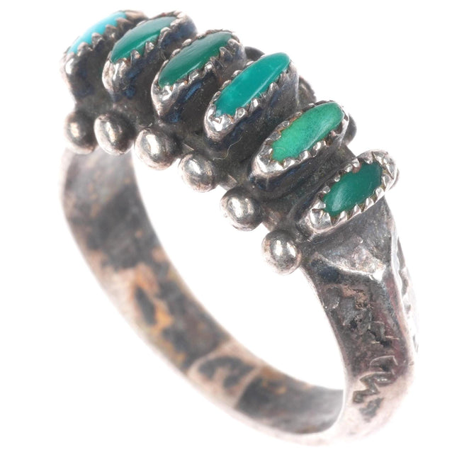 sz7.5 Vintage Zuni sterling silver needlepoint turquoise stamped carinated ring