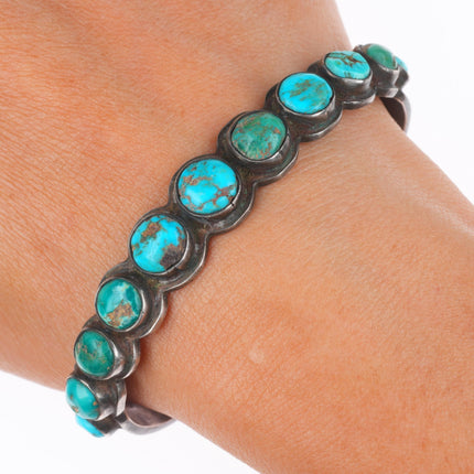 6.6" c1930's Navajo ingot silver stamped turquoise row cuff bracelet