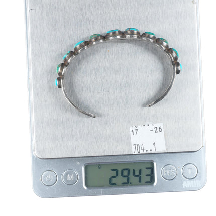 6.6" c1930's Navajo ingot silver stamped turquoise row cuff bracelet