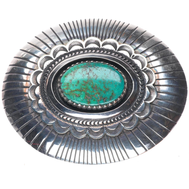 Tommy Singer Navajo deep stamped sterling silver high grad turquoise belt buckle