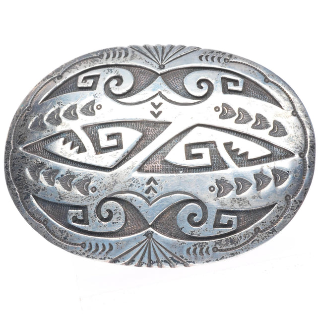 R.A. Lewis Navajo sterling silver belt buckle with intricate overlay pattern