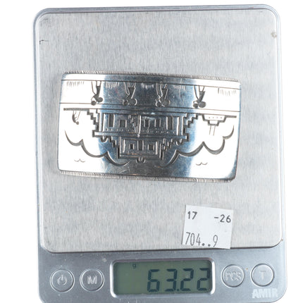 Victor Coochwytewa Hopi overlay pueblos belt buckle sterling silver