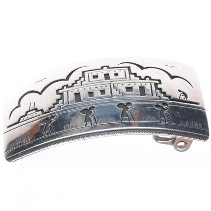 Victor Coochwytewa Hopi overlay pueblos belt buckle sterling silver