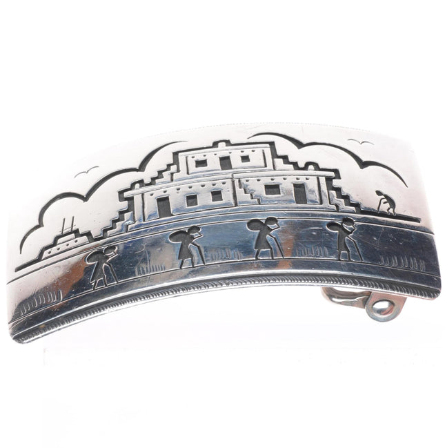 Victor Coochwytewa Hopi overlay pueblos belt buckle sterling silver
