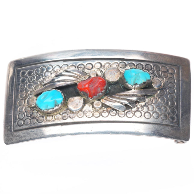 Vintage Zuni sterling silver carved turquoise/coral belt buckle