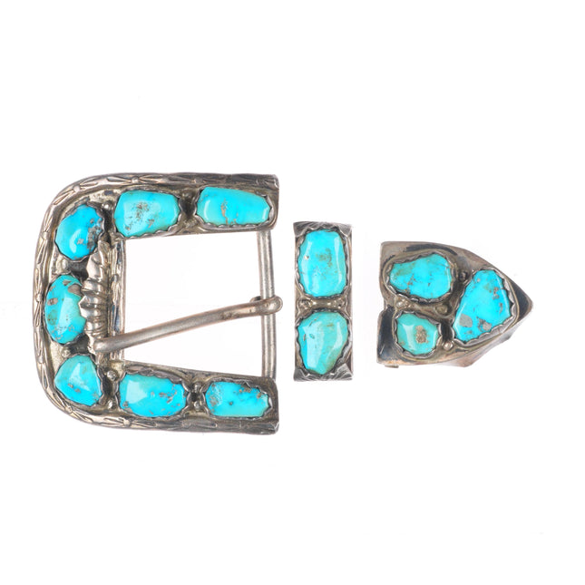 1" vintage Cheama Zuni sterling silver turquoise nugget ranger belt buckle set