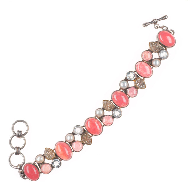 6.5"-7.5" Starborn retro sterling silver rose quartz, pearl, druzy link bracelet