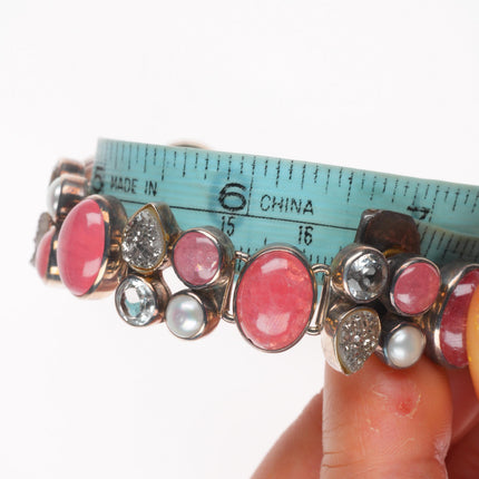 6.5"-7.5" Starborn retro sterling silver rose quartz, pearl, druzy link bracelet