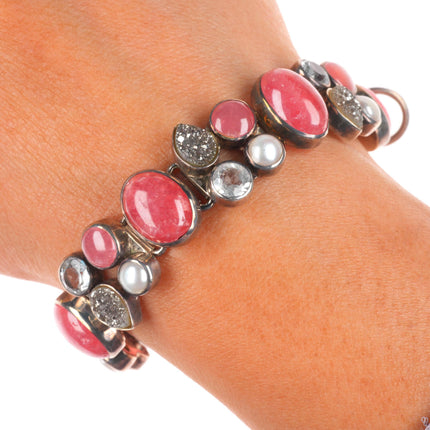 6.5"-7.5" Starborn retro sterling silver rose quartz, pearl, druzy link bracelet