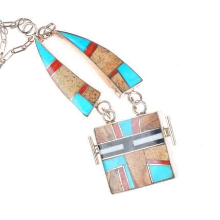 Vintage A Platero Laguna pueblo sterling silver multi-stone inlay yei necklace