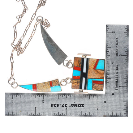 Vintage A Platero Laguna pueblo sterling silver multi-stone inlay yei necklace