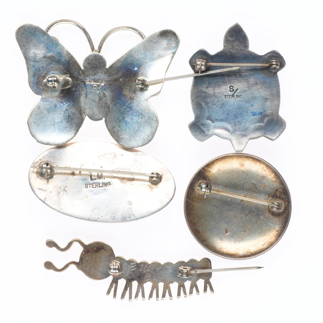 Zuni/Navajo sterling silver, turquoise/coral butterfly/turtle pin/brooch lot