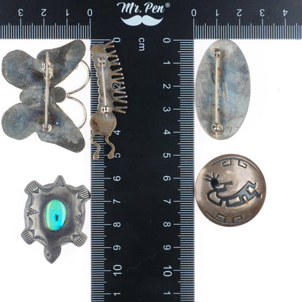 Zuni/Navajo sterling silver, turquoise/coral butterfly/turtle pin/brooch lot