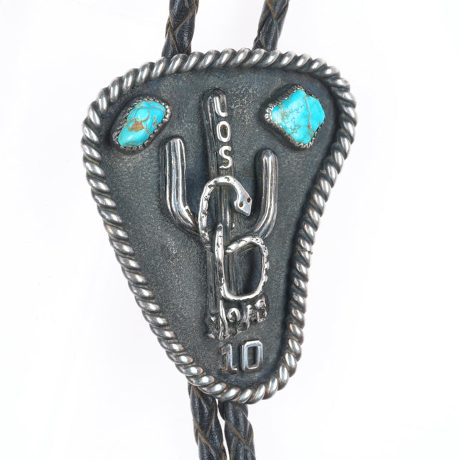 c1970 Frank Patania Sr sterling silver turquoise saguaro cactus bolo tie