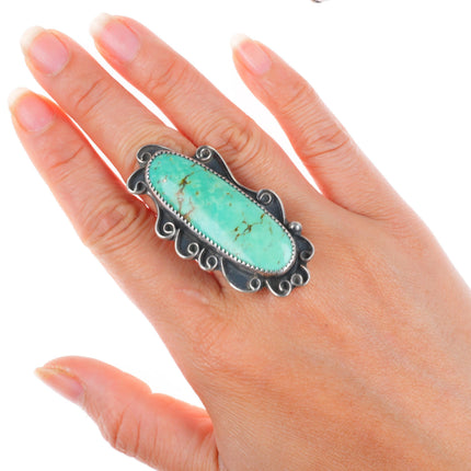 sz8 long vintage Navajo sterling silver green turquoise ring
