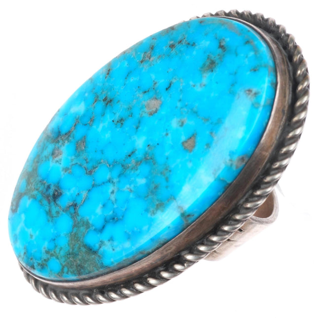 sz8.5 Huge southwestern sterling silver turquoise ring rope edge Fox