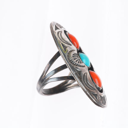 sz7.5 Thompson Platero Navajo deep stamped sterling silver turquoise/coral ring