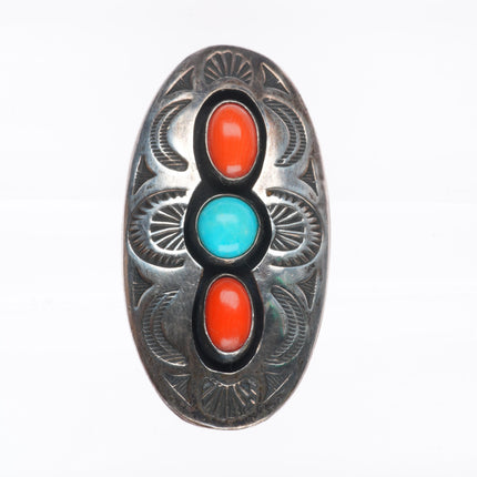 sz7.5 Thompson Platero Navajo deep stamped sterling silver turquoise/coral ring