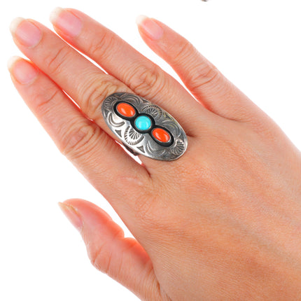 sz7.5 Thompson Platero Navajo deep stamped sterling silver turquoise/coral ring