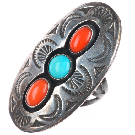 sz7.5 Thompson Platero Navajo deep stamped sterling silver turquoise/coral ring